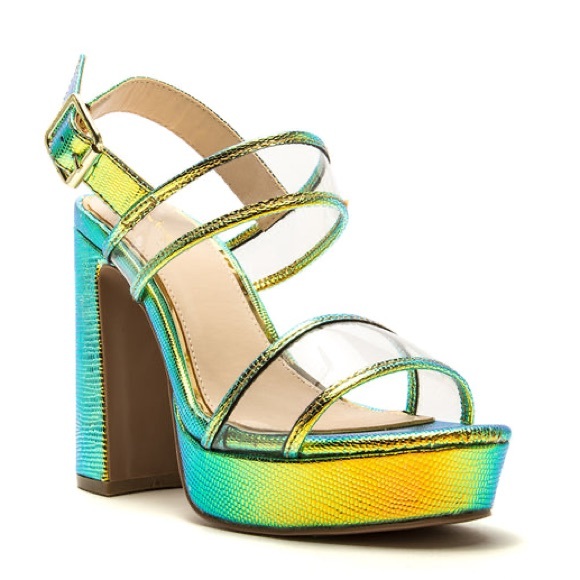 Qupid LIGHTING Clear Vinyl Holographic Open Toe Mary Jane Platform Heeled Sandal - Picture 6 of 6